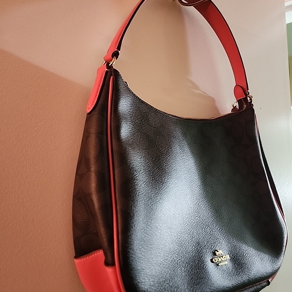 Coach Signiture Zip Brown & Coral Handbag - Picture 3 of 11